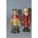 A PAIR OF CAST IRON MONEY BOXES/BANKS MODELLED AS POPEYE AND OLIVE OYL, both appear complete but