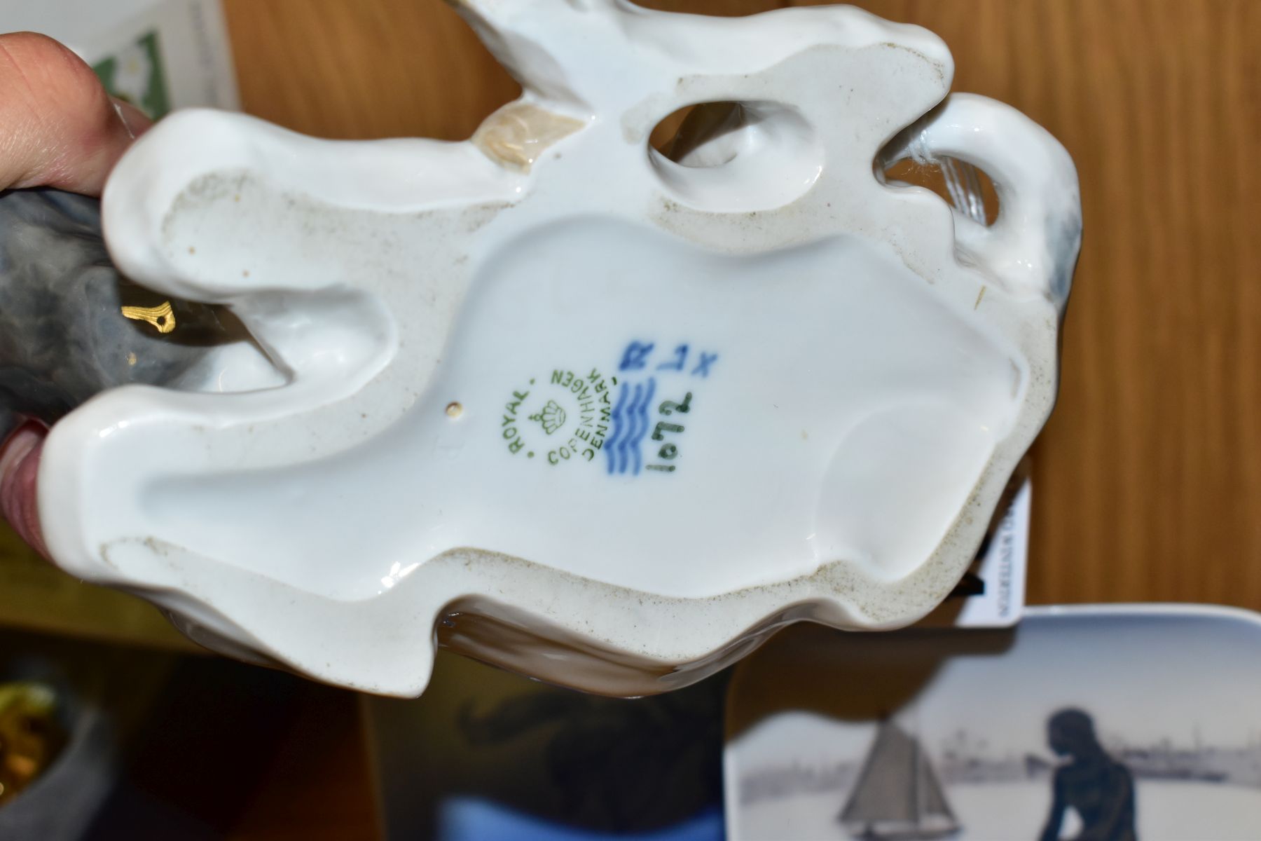 TWO PIECES OF ROYAL COPENHAGEN PORCELAIN AND ANOTHER SIMILAR, comprising 1072 Lying Calf, a pin dish - Image 4 of 4