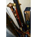 A GROUP OF WALKING STICKS, FISHING TACKLE AND CROWN GREEN BOWLING BALLS, etc, to include a horn