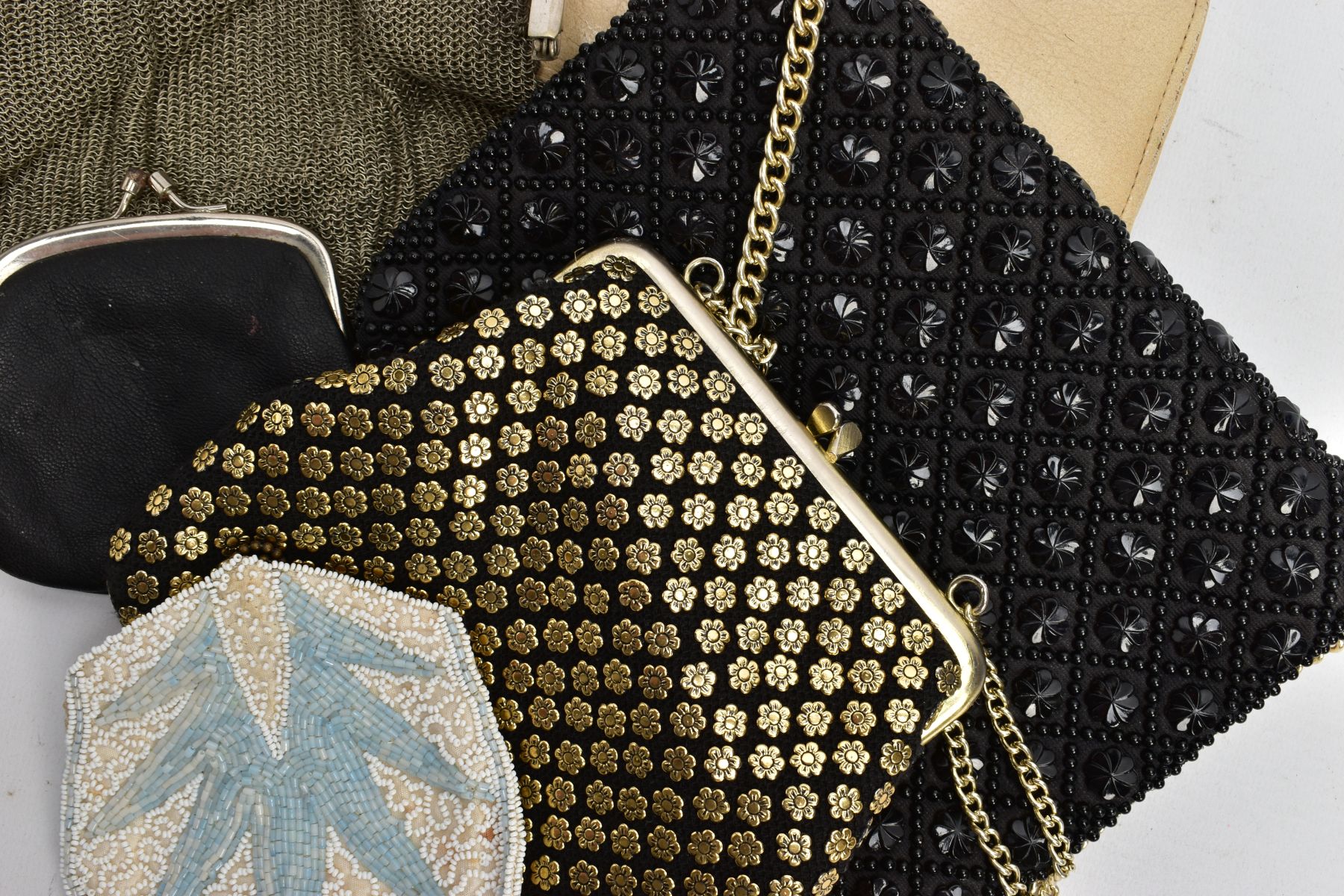 FOUR EVENING BAGS AND FIVE PURSES, to include a black and gold colour flower detailed bag fitted - Image 6 of 6