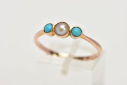 AN EARLY 20TH CENTURY 9CT GOLD TURQUOISE AND PEARL RING, centring on a freshwater pearl within a