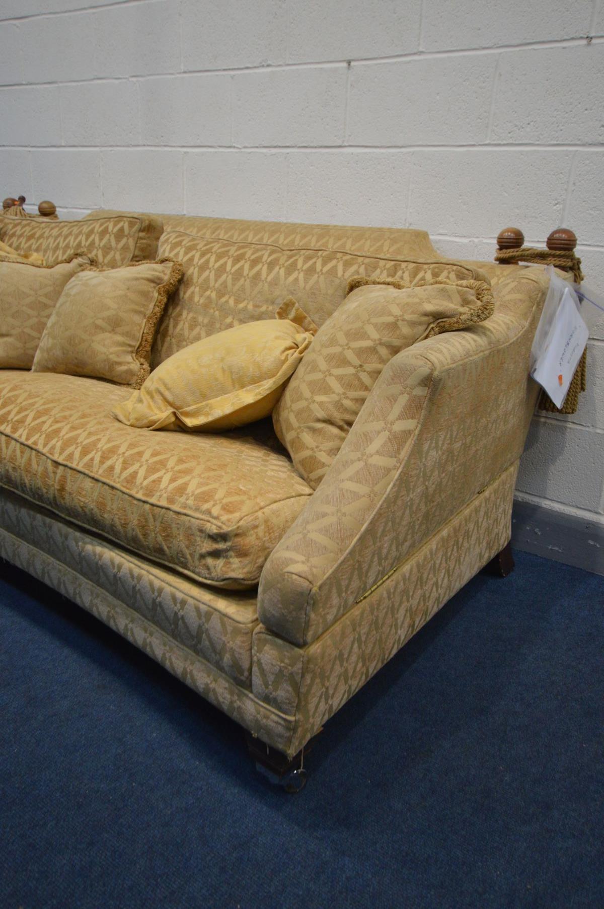 A WALNUT AND GOLD UPHOLSTERED DURESTA HORNBLOWER KNOWLE SOFA, with drop ends to each end, on - Image 4 of 8
