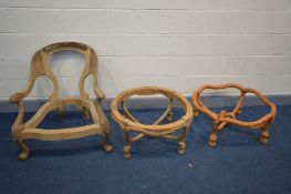 TWO HARDWOOD PARTIALLY COMPLETE ROPE EFFECT STOOLS, diameter 74cm x height 34cm, along with