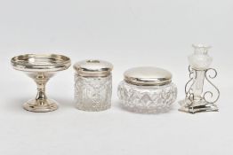 A BOX OF SILVER AND GLASS ITEMS, to include a circular bonbon dish, foliate detailed rim, raised