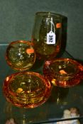 FOUR PIECES OF WHITEFRIARS GLASS GOLDEN AMBER CONTROLLED BUBBLE ITEMS, comprising a spherical