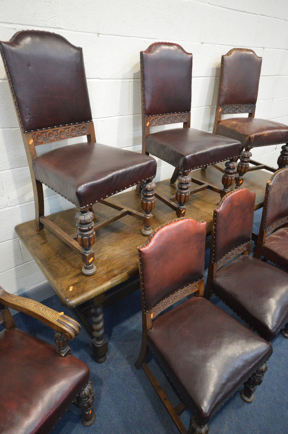 A SET OF EIGHT EARLY LATE 19TH/20TH CENTURY OAK AND OXBLOOD LEATHER STUDDED DINING CHAIRS, including - Image 2 of 6