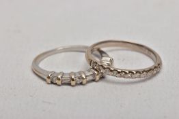 TWO DIAMOND SET RINGS, the first an 18ct white gold half hoop ring set with a row of round brilliant