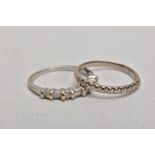 TWO DIAMOND SET RINGS, the first an 18ct white gold half hoop ring set with a row of round brilliant