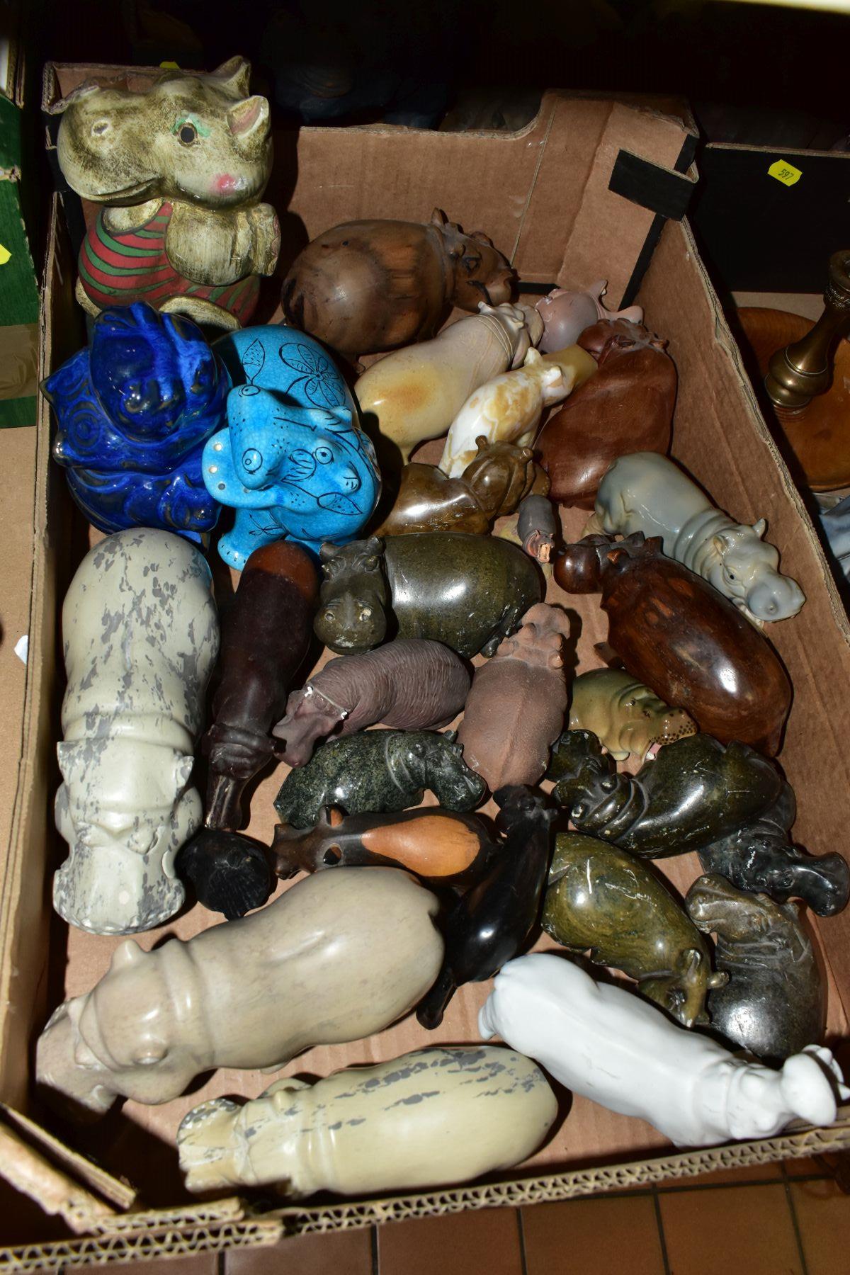 THREE BOXES AND LOOSE ORNAMENTS, GLASSWARE, etc, to include a collection of various hippopotamus - Image 2 of 14