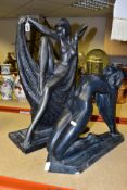 TWO AUSTIN SCULPTURES OF BRONZED STYLISED NUDE FIGURINES, depicting seated figure, height 58cm and a