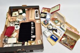 A BOX OF MOSTLY COSTUME JEWELLERY, to include a small quantity of ladies wristwatches such as '