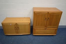 AN ERCOL WISDSOR ELM TWO DOOR TV CABINET with a fall front pull out slide, width 85cm x depth 52cm x