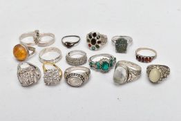 FOURTEEN SILVER AND WHITE METAL RINGS, many gem set, some set with cubic zirconia or paste, many
