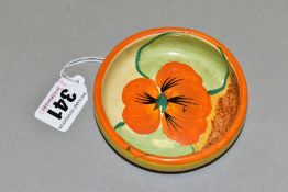 A CLARICE CLIFF BIZARRE 'NASTURTIUM' PATTERN PIN DISH, orange and yellow bands to the exterior,