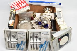 A BOX OF SILVER-PLATED CUTLERY SETS, COASTERS, NAPKIN RINGS, COSTUME JEWELLERY ETC