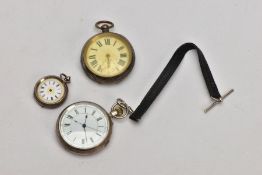 A SILVER OPEN FACED POCKET WATCH AND TWO OTHERS, round white dial, Roman numerals, blue hands,