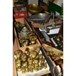 THREE BOXES AND LOOSE SCALES, WEIGHTS, etc, to include various brass bell weights 4lb to 1/4oz and