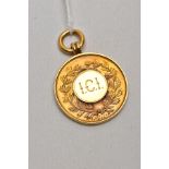 A 9CT GOLD FOB MEDAL, of a circular form, engraved to the front 'I.C.I' within a foliate wreath,