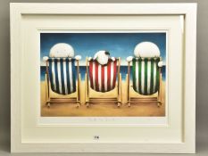 DOUG HYDE (BRITISH 1972) 'BESIDE THE SEASIDE' figures and dog at the beach, signed limited edition