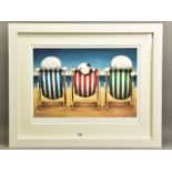 DOUG HYDE (BRITISH 1972) 'BESIDE THE SEASIDE' figures and dog at the beach, signed limited edition
