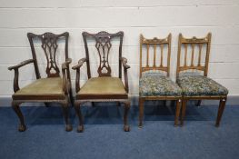 A PAIR OF CHIPPENDALE STYLE OPEN ARMCHAIRS (Sd) a pair Edwardian oak dining chairs (4)