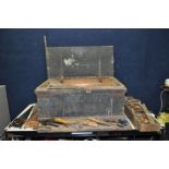 A VINTAGE WOODEN TOOLCHEST with two trays width 88cm depth 56cm height 39cm (top separated and