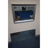 A MODERN GREY BEVEL EDGED WALL MIRROR, 65cm x 90cm together with a mirrored frame wall mirror, 127cm