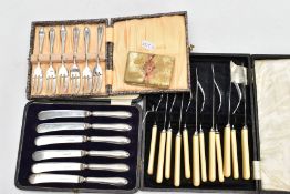 A BOX OF WHITE METALWARE, to include a cased six-piece EPNS dessert fork set, a cased six-piece EP