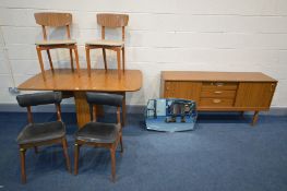 A SCHREIBER 5FT SIDEBOARD, gate leg table and two pairs of chairs together with a bevel edged wall