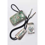 A SELECTION OF WHITE METAL AND TURQUOISE SET ITEMS, to include a belt buckle of a rectangular
