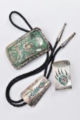 A SELECTION OF WHITE METAL AND TURQUOISE SET ITEMS, to include a belt buckle of a rectangular