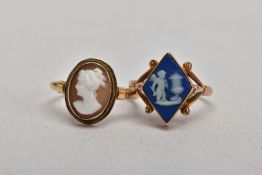 A 9CT ROSE GOLD, GEORGE V WEDGWOOD RING AND A YELLOW METAL CAMEO RING, the blue wedgwood ring of a