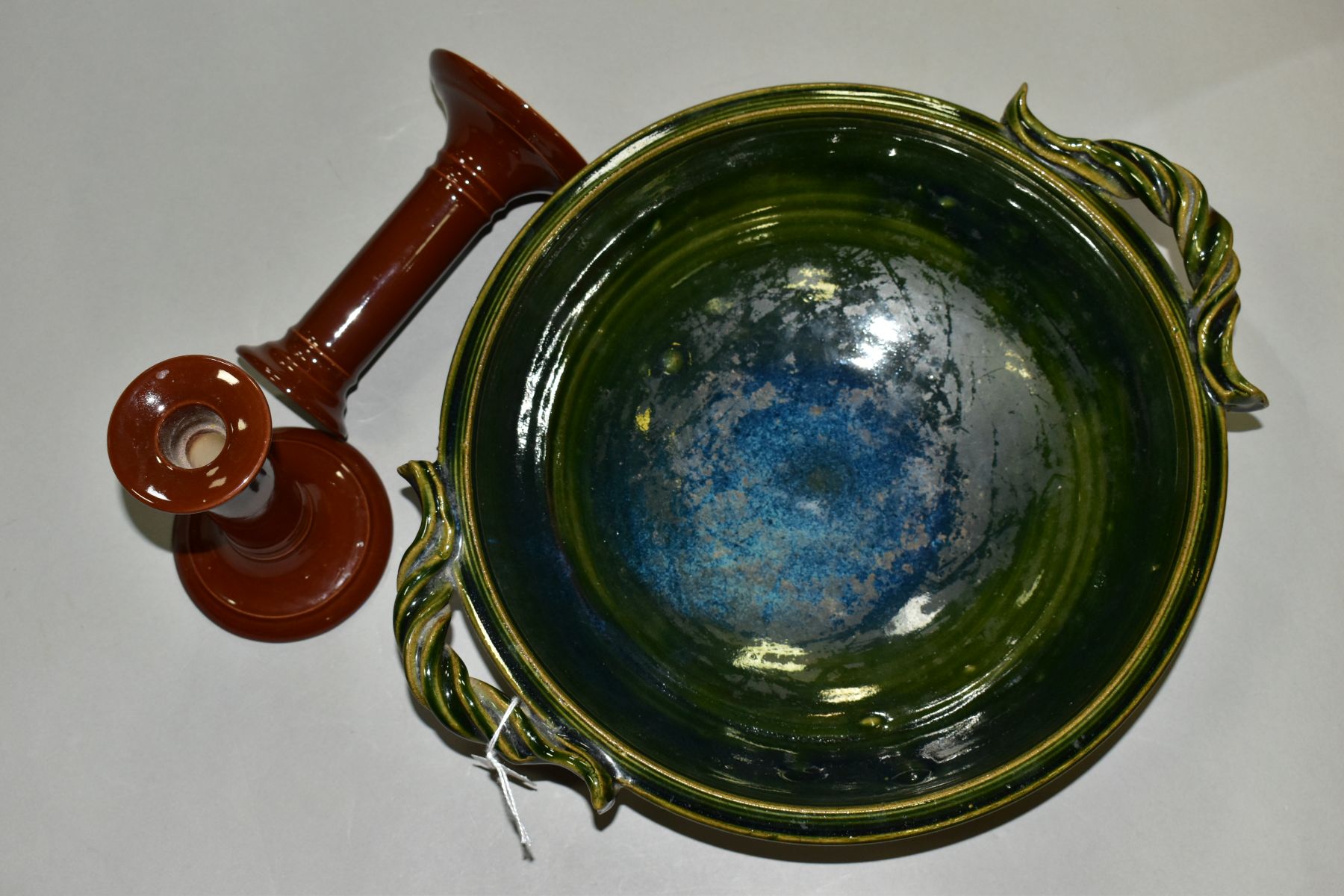 A PAIR OF DOULTON BROWN GLAZED CANDLESTICKS AND A STUDIO POTTERY TWIN HANDLED BOWL, the candlesticks - Image 4 of 5