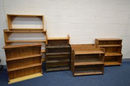 TEN VARIOUS PINE OPEN BOOKCASES, to include a graduated bookcase, and three matching bookcases (10)