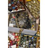 HABERDASHERY INTEREST, thirteen plastic trays of assorted buttons and fastenings, etc, some trays