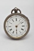 AN EARLY 20TH CENTURY SILVER OPEN FACE POCKET WATCH, the white face with black Roman numerals and