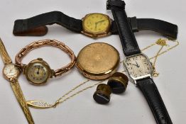 A BAG OF ASSORTED ITEMS, to include two ladies gold-plated wristwatches, a gents gold-plated