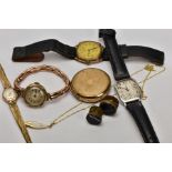 A BAG OF ASSORTED ITEMS, to include two ladies gold-plated wristwatches, a gents gold-plated