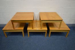 FIVE MATCHING ERCOL SQUARE TOPPED COFFEE TABLES, 64cm squared x height 33cm