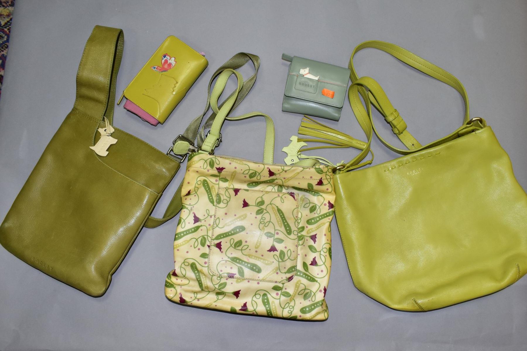 SEVEN RADLEY ITEMS - FIVE BAGS AND TWO PURSES comprising lime green purse, 9cm x 14cm, sage green - Image 2 of 3