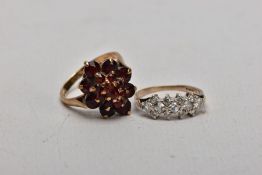 TWO 9CT GOLD DRESS RINGS, the first designed as a marquise shape cluster set with circular and