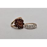 TWO 9CT GOLD DRESS RINGS, the first designed as a marquise shape cluster set with circular and