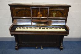 JOHN AND SPENCER & CO, LONDON, an upright overstrung piano, with twin brass candle holders (loose