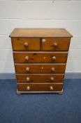 A PINE CHEST OF TWO SHORT OVER FOUR LONG DRAWERS, on bun feet, width 75cm x depth 41cm x height 96cm