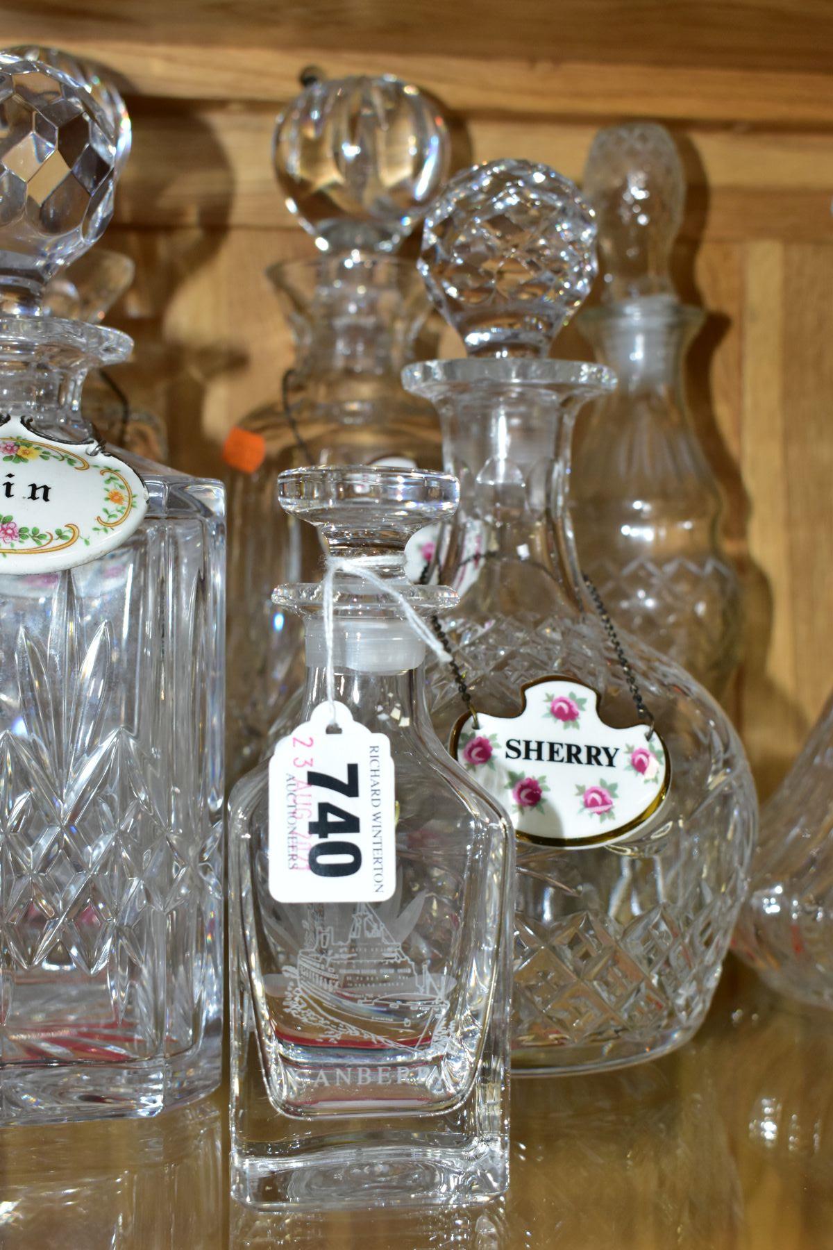 TEN CUT AND PRESSED GLASS DECANTERS AND BOTTLES, five with named porcelain decanter labels, one - Image 2 of 6
