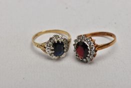TWO 9CT GOLD GEM CLUSTER RINGS, the first designed as a central oval sapphire within a surround