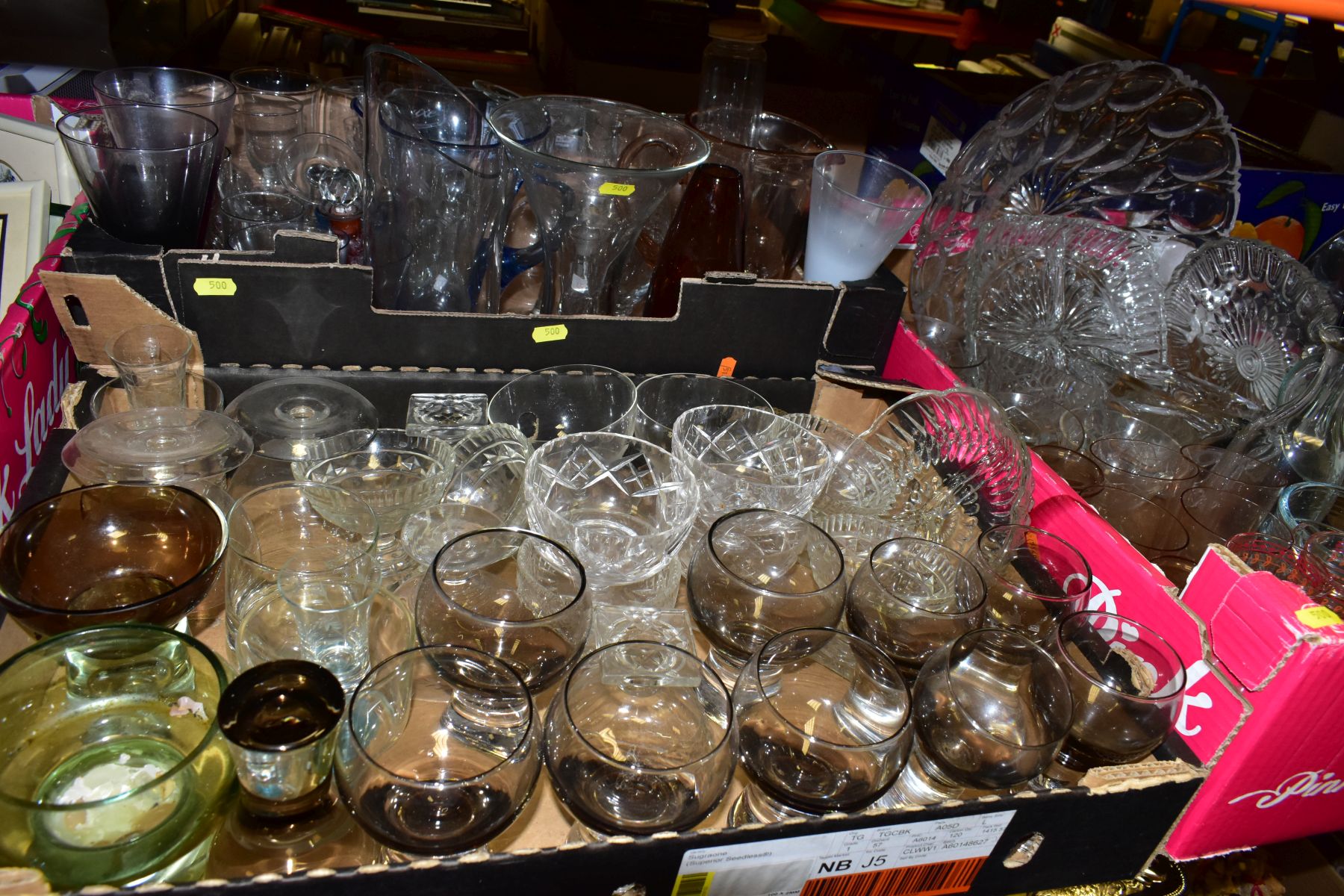 THREE BOXES OF GLASSWARE to include blue jug with matching glasses, cut glass sundae dishes, scent