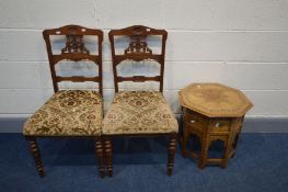 A 19TH CENTURY ANGLO INDIAN HARDWOOD AND INLAID OCTAGONAL FOLDING OCCASIONAL TABLE, along with two