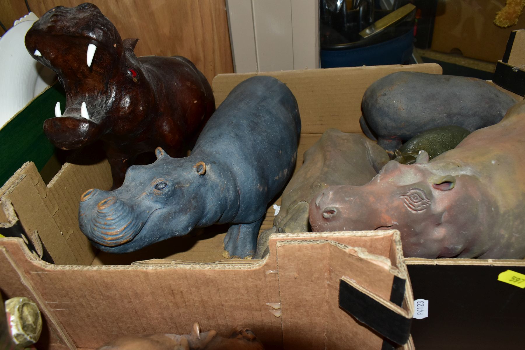 THREE BOXES AND LOOSE ORNAMENTS, GLASSWARE, etc, to include a collection of various hippopotamus - Image 9 of 14