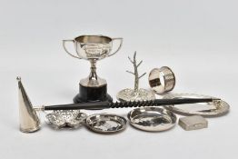 A BOX OF ASSORTED SILVER ITEMS, to include an oval shaped trinket dish with a decorative floral rim,
